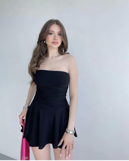 Straplez Sandy Kumaş Şortlu Prenses Etek Mini Klos Elbise- Siyah resmi